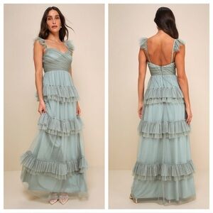 Lulus Pure Radiance Sage Brush Mesh Swiss Dot Tiered Maxi
Dress